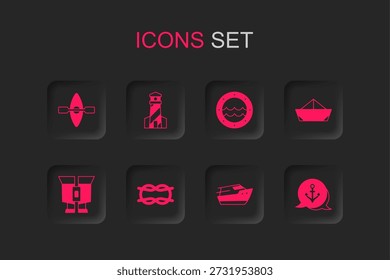 Set Nautical rope knots, Lighthouse, Kayak and paddle, Speedboat, Folded paper, Anchor, Ship porthole and Binoculars icon. Vector