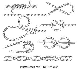 Set of nautical rope knots. Line design. Strong marine rope knots. Flat vector illustration isolated on white background.