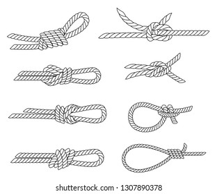 Set of nautical rope knots. Line design. Strong marine rope knots. Flat vector illustration isolated on white background.