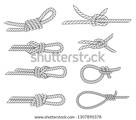 Set of nautical rope knots. Line design. Strong marine rope knots. Flat vector illustration isolated on white background.