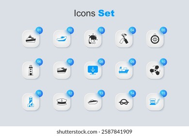 Set Nautical rope knots, Speedboat, Inflatable with motor, Lighthouse, Marine bollard, Boat propeller,  and Anchor icon. Vector