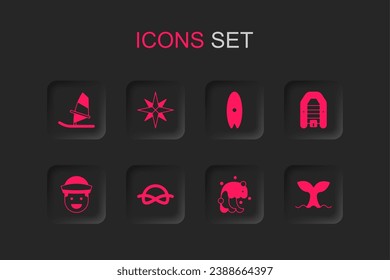 Set Nautical rope knots, Wind rose, Windsurfing, Tsunami, Inflatable boat with motor, Whale tail, Surfboard and Sailor icon. Vector
