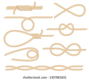 Set of nautical rope knots. Yellow rope. Strong marine rope knots. Flat vector illustration isolated on white background.