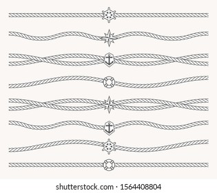 Set of Nautical rope with marine symbols in center of line. Border line, underline, line for frame. Seamless sailor pattern.