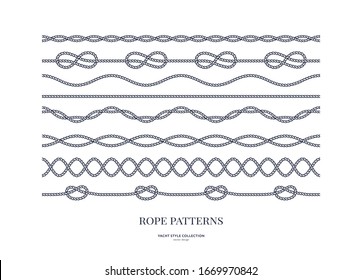 Set of nautical rope seamless patterns. Yacht style design. Vintage decorative elements. Template for prints, cards, fabrics, covers, flyers, menus, banners, posters and placard. Vector illustration. 