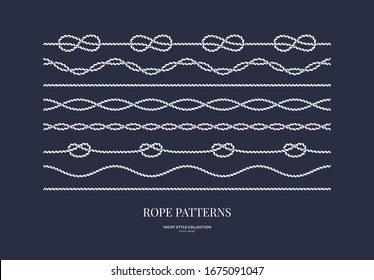 Set of nautical rope seamless patterns. Yacht style design. Vintage decorative elements. Template for prints, cards, fabrics, covers, flyers, menus, banners, posters and placard. Vector illustration. 