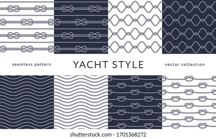 Set of nautical rope seamless patterns. Yacht style design. Vintage decorative background. Template for prints, wrapping paper, fabrics, flyers, banners, posters and placards. Vector illustration. 