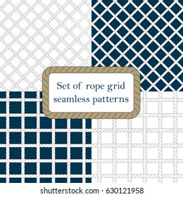 Set of nautical rope seamless tied fishnet patterns on white or dark blue background