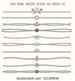 Set Of Nautical Ropes And Chains Decor Elements. Hand Drawn Dividers And Borders. Only Free Font Used.