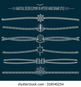 Set of nautical ropes and chains decor elements in hipster style. Hand drawn dividers and borders. Only free font used.