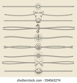 Set of nautical ropes and chains decor elements in hipster style. Hand drawn dividers and borders with dolphins seashells seahorse pearl oars etc. Only free font used.