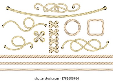 Conjunto de cuerdas náuticas. Tiradas y cruzadas cuerdas aisladas en blanco. Ilustración vectorial.