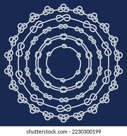 Set of nautical round rope frame isolated on blue background. Twisted cord with decorative loops and knots. Braided rope decor. Vintage flat cartoon vector border.