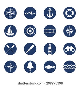 Set Of Nautical Sea Ocean Sailing Icons. Compass Anchor Wheel Bell Fish Lighthouse Symbols. Vector Illustration.