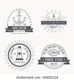 Set of nautical seafaring badges, labels or logos. Creative thin line design. Monochrome vector illustration with inspirational sample text