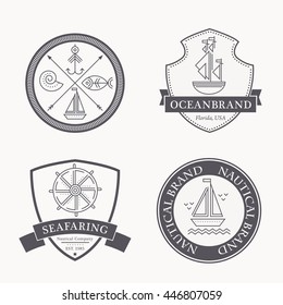 Set of nautical seafaring badges, labels or logos. Creative thin line design. Monochrome vector illustration with sample text