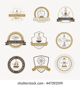 Set of nautical seafaring badges, labels or logos. Creative thin line design. Elegant gold and dark brown vector company brand with sample text