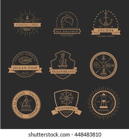 Set of nautical seafaring badges, labels or logos. Creative thin line design. Gold on black vector company brand with sample text. Textured (easy to remove)