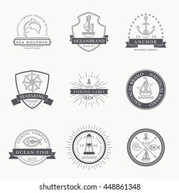 Set of nautical seafaring badges, labels or logos. Creative thin line design. Black on white vector company brand with sample text. 