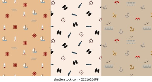 Set of nautical seamless patterns. Elements of a sea voyage