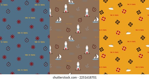 Set of nautical seamless patterns. Elements of a sea voyage