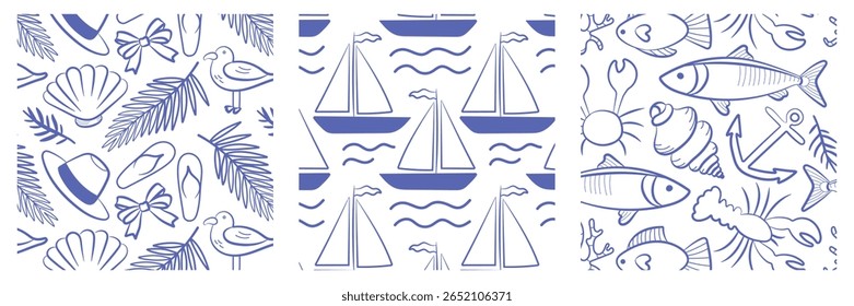 Set of nautical seamless patterns with sea animals, boats and summer elements in linear style. Perfect for beach-themed design, packaging or vacation prints.
