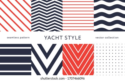 Set of nautical seamless patterns. Yacht style design. Vintage decorative background. Template for prints, wrapping paper, fabrics, flyers, banners, posters and placards. Vector illustration. 