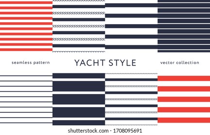 Set of nautical seamless patterns. Yacht style design. Vintage decorative background. Template for prints, wrapping paper, fabrics, flyers, banners, posters and placards. Vector illustration. 