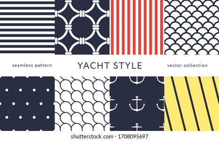 Set of nautical seamless patterns. Yacht style design. Vintage decorative background. Template for prints, wrapping paper, fabrics, flyers, banners, posters and placards. Vector illustration. 