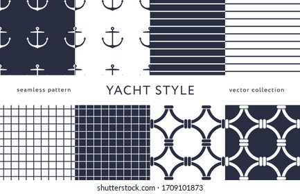 Set of nautical seamless patterns. Yacht style design. Vintage decorative background. Template for prints, wrapping paper, fabrics, flyers, banners, posters and placards. Vector illustration. 