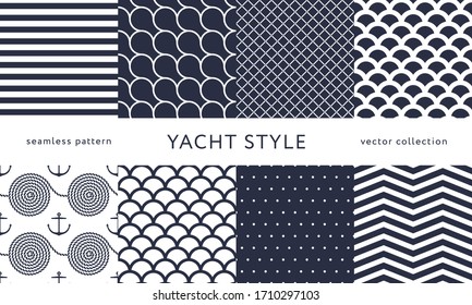 Set of nautical seamless patterns. Yacht style design. Vintage decorative background. Template for prints, wrapping paper, fabrics, flyers, banners, posters and placards. Vector illustration. 