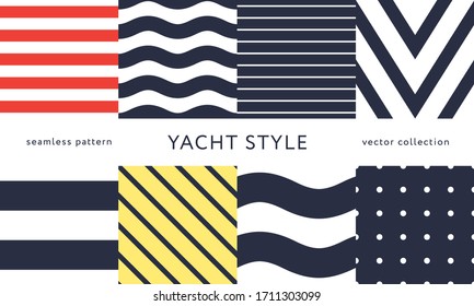 Set of nautical seamless patterns. Yacht style design. Vintage decorative background. Template for prints, wrapping paper, fabrics, flyers, banners, posters and placards. Vector illustration. 