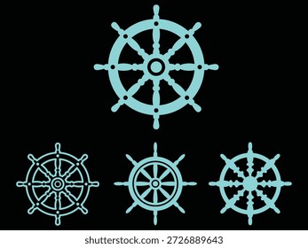 Set von nautischen Schiffsradsymbolen in Cyan auf schwarzem Hintergrund