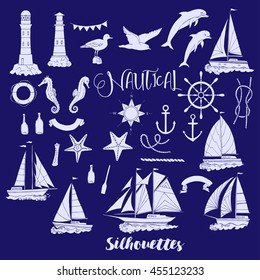 Set with nautical  silhouettes ships and wheel, seahorse, sailing boats,  dolphin and sea knots. Hand drawn articles for summer holidays.Travel, marin and ocean. Vector Illustration