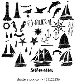 Set with nautical  silhouettes ships and wheel, seahorse, sailing boats,  dolphin and sea knots. Hand drawn articles for summer holidays.Travel, marin and ocean. Vector Illustration