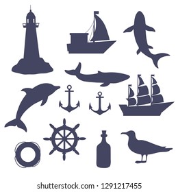 Set Of Nautical Silouette Icons. 