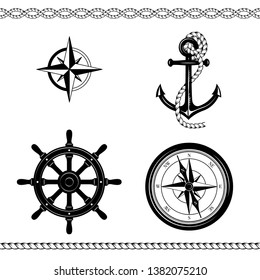 Set of nautical sketches. Anchor, ropes, compass, Rose of Wind, ship steering wheel, borders. Black and white colors. 