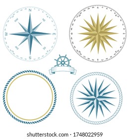 Set of nautical symbols, compass rose - vector illustration