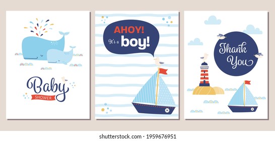 Set of nautical theme baby shower invitation and thank you cards. Summery boy baby shower invitation templates with cartoon whales, sailboat, lighthouse, and seagull.