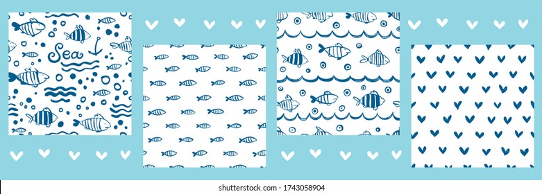 Set with a nautical theme. Drawn in blue tones brush. Monochrome.