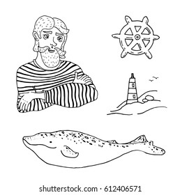 Set of nautical theme: lighthouse, whale, sailor, helm. Hand-drawn vector illustration.