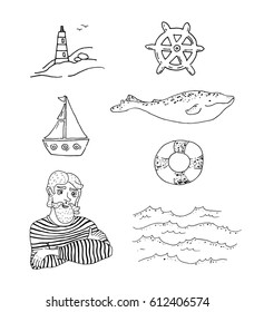 Set of nautical theme: lighthouse, whale, yacht, waves, sailor, helm and life buoy. Hand-drawn vector illustration.