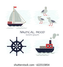 Set of Nautical Vector Pictures. Isolated on white. Handy grouped elements of each picture