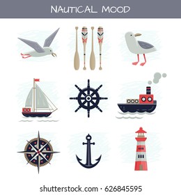 Set of Nautical Vector Pictures. Isolated on white. Handy grouped elements of each picture