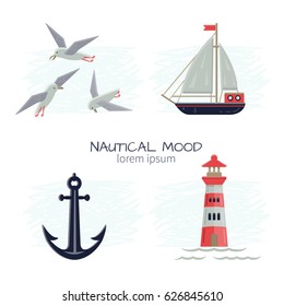 Set of Nautical Vector Pictures. Isolated on white. Handy grouped elements of each picture