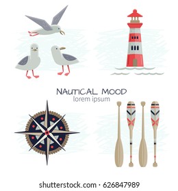 Set of Nautical Vector Pictures. Isolated on white. Handy grouped elements of each picture