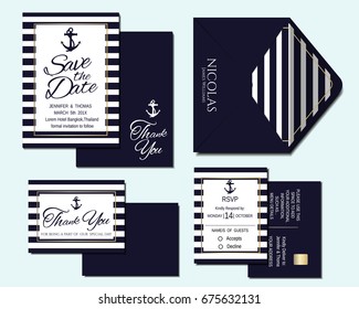 Set of Nautical Wedding Invitation Card  and Marine banners. Elegant templates in white and navy blue colors. Vector/Illustration
