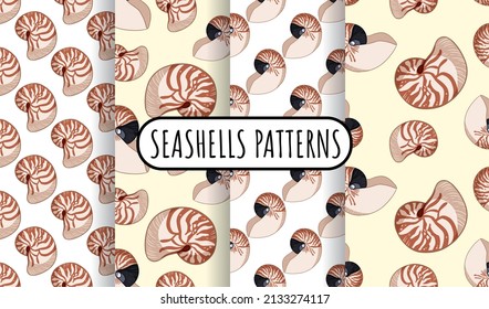 Set of nautilus shells colorful doodles seamless patterns. Background templates collection of stock sea shells for wrapping design, wallpaper. Repeatable tiles