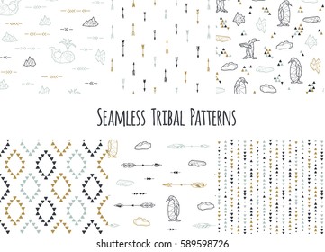 Set of navajo tribal patterns with low poly penguins.
