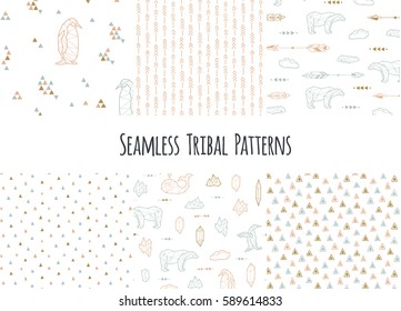 Set of navajo tribal patterns with low poly polar bears.